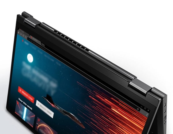 Close-up of the upper left corner of the display of a ThinkPad X13 Yoga Gen 4 2-in-1 in tent mode