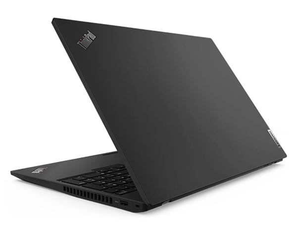 Rear-facing Lenovo ThinkPad T16 Gen 2 laptop, angled to show right-side ports & partial keyboard.
