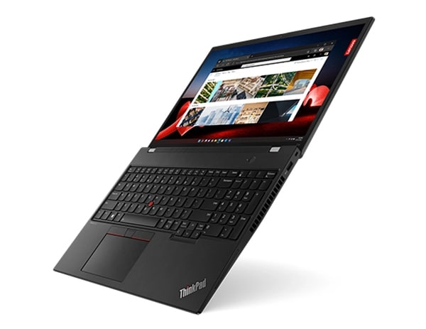 Lenovo ThinkPad T16 Gen 2 Notebook, schwebend, um 180 Grad geöffnet, leicht schräg mit Blick auf die Anschlüsse auf der rechten Seite, die Tastatur und das Display.