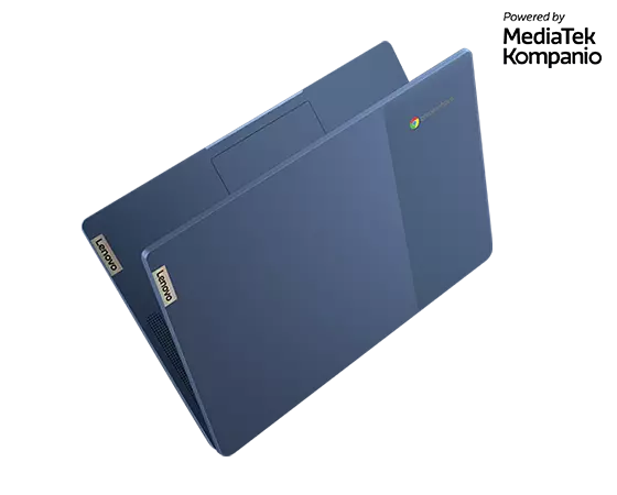 Vista frontal en ángulo del Chromebook Lenovo IdeaPad Slim 3 de 35,56 cm (14") ligeramente abierto, mostrando los logos de Lenovo y Chromebook y parte del panel táctil.