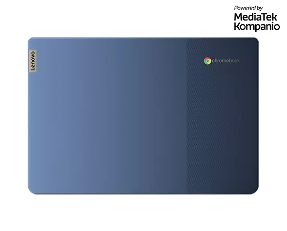 Vista superior del Chromebook Lenovo IdeaPad Slim 3 de 35,56 cm (14") cerrado, mostrando los logos de Lenovo y Chromebook.