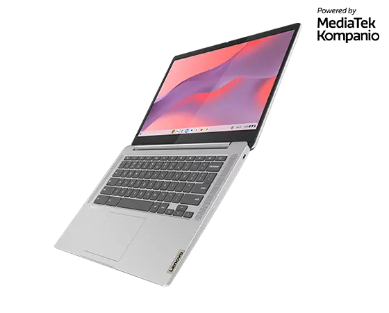 Vista lateral en ángulo hacia la izquierda de un Chromebook Lenovo IdeaPad Slim 3 de 35,56 cm (14") abierto en un ángulo de 180 grados, mostrando la pantalla y el teclado.