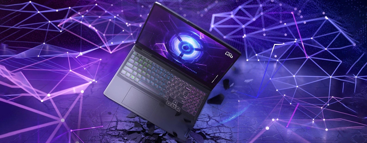Lenovo LOQ 16IRH8 Gaming Laptop—Cover Open Floating on a fractal graphic background, with the LOQ logo on display.