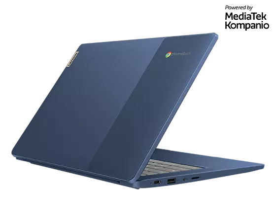 Vista posterior derecha en ángulo de un Chromebook Lenovo IdeaPad Slim 3 de 35,56 cm (14") abierto en un ángulo de 50 grados, mostrando los logos de Lenovo y Chromebook y parte del teclado.