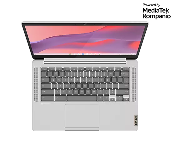 Vista superior del Chromebook Lenovo IdeaPad Slim 3 de 35,56 cm (14") abierto en un ángulo de 100 grados, mostrando la pantalla y el teclado.