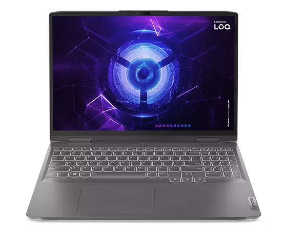 Lenovo LOQ 16IRH8 gaming laptop—front view, lid open, with LOQ logo on the display