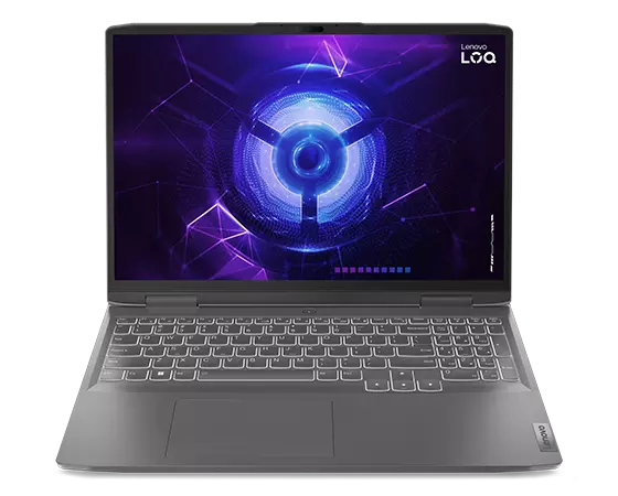 Lenovo LOQ 16IRH8-gaminglaptop - vooraanzicht, scherm geopend, met LOQ-logo op het beeldscherm