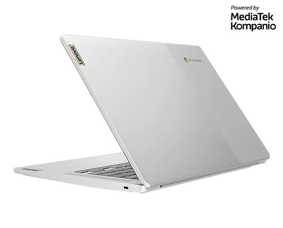 Vista posterior izquierda en ángulo de un Chromebook Lenovo IdeaPad Slim 3 de 35,56 cm (14") abierto en un ángulo de 50 grados, mostrando los logos de Lenovo y Chromebook y parte del teclado.