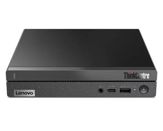 Front-facing Lenovo ThinkCentre Neo 50q Gen 4 Tiny (Intel), laid horizontally, showing front ports
