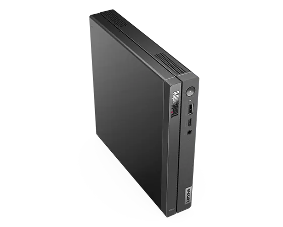 Aerial view of side-facing Lenovo ThinkCentre Neo 50q Gen 4 Tiny (Intel) stood vertically, showing front, top, & right-side panels