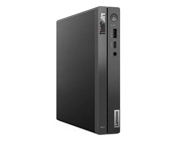 Vue latérale du Lenovo ThinkCentre Neo 50q Gen 4 de tout petit format (Intel), positionné à la verticale, montrant les panneaux avant et gauche