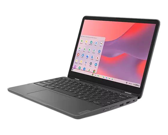 Front-right corner view of a Lenovo 500e Yoga Chromebook Gen 4 2-in-1 laptop open 110°