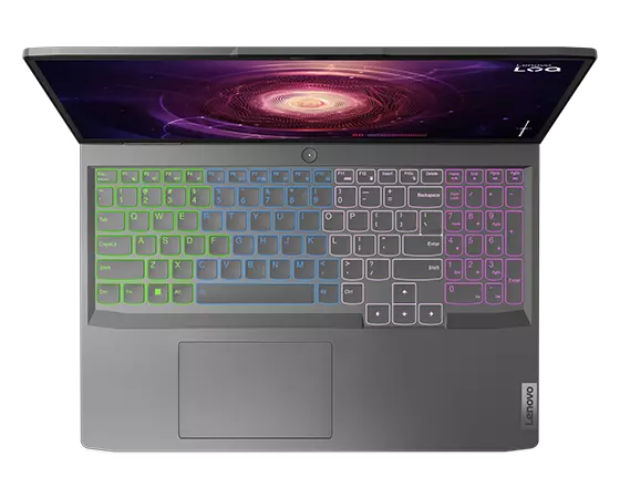 Top-down view of Lenovo LOQ 16APH8 laptop with display on and RGB backlit keyboard