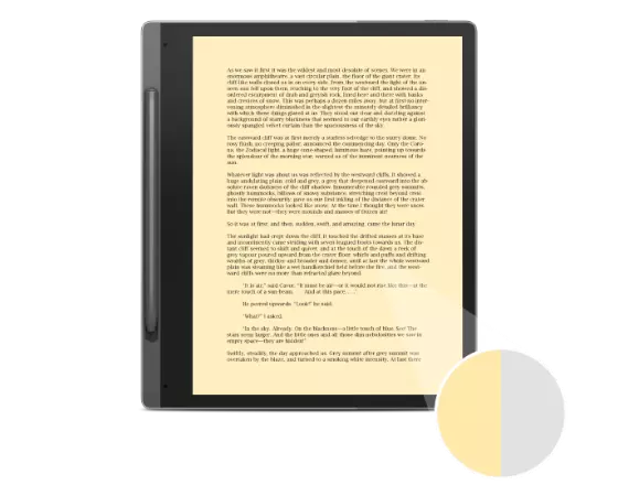 Lenovo Smart Paper med Lenovo Smart Pen med 10,3" E-Ink-skjerm sett forfra som viser siden av en e-bok, med justert skjermfarge