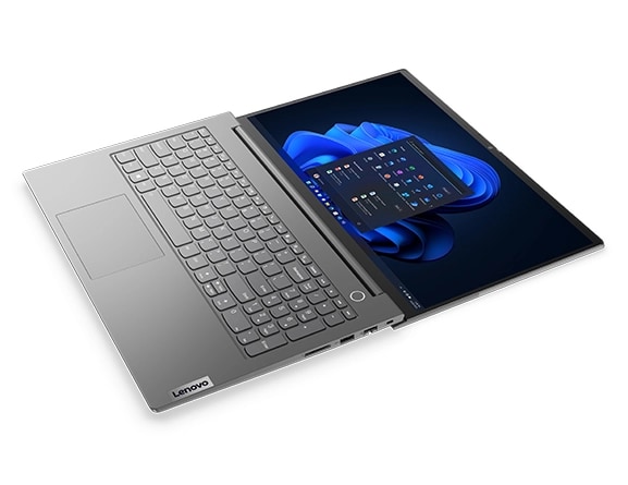 Lenovo ThinkBook 15 Gen 5 laptop open 180 degrees, showcasing keyboard and 15.6 display with Windows 11 Pro Start menu. loading