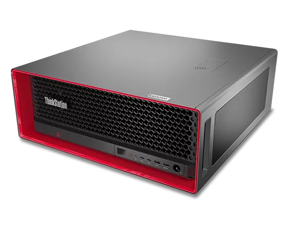 Close up of Lenovo ThinkStation P5 workstation, laid horizontally, at an angle, showing front ports