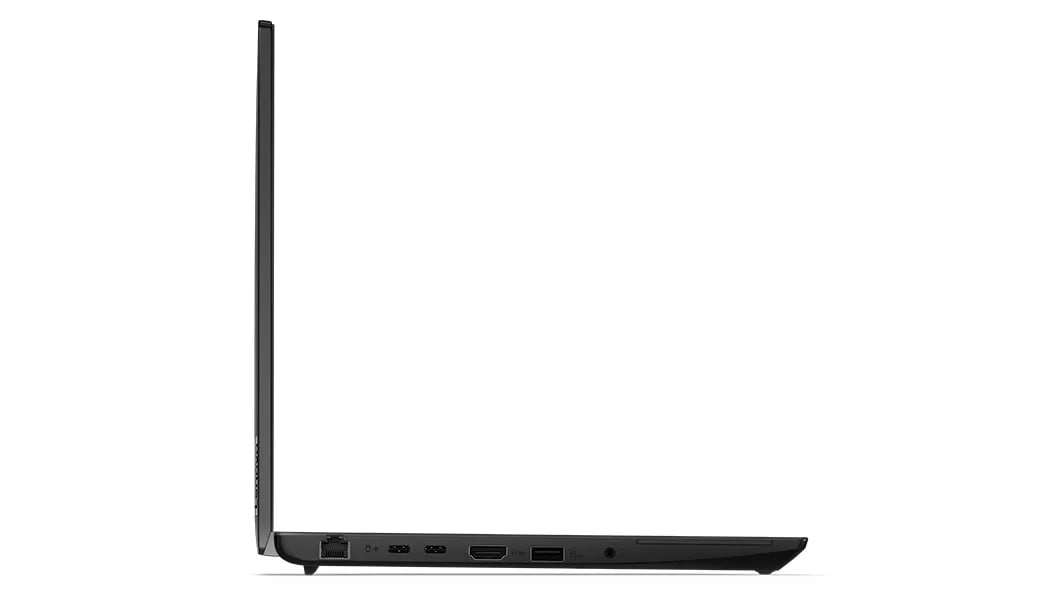 Lenovo ThinkPad L14 Gen 4 (14, AMD) laptop – closeup left-front view, showing ports, lid open