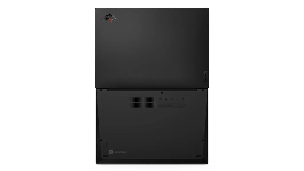 Rear side of Lenovo ThinkPad X1 Carbon Gen 11 laptop open, showcasing Carbon-Fiber Weave.