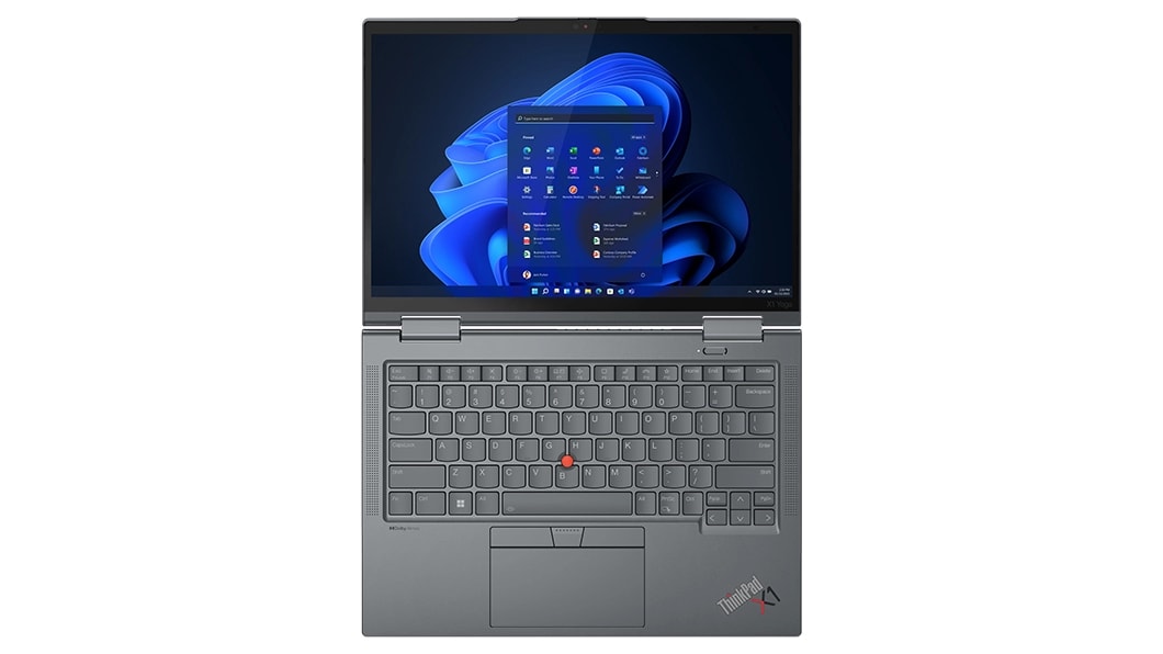 Overhead shot of the Lenovo ThinkPad X1 Yoga Gen 8 2-in-1 open 180 degrees, face up, showing keyboard & display.