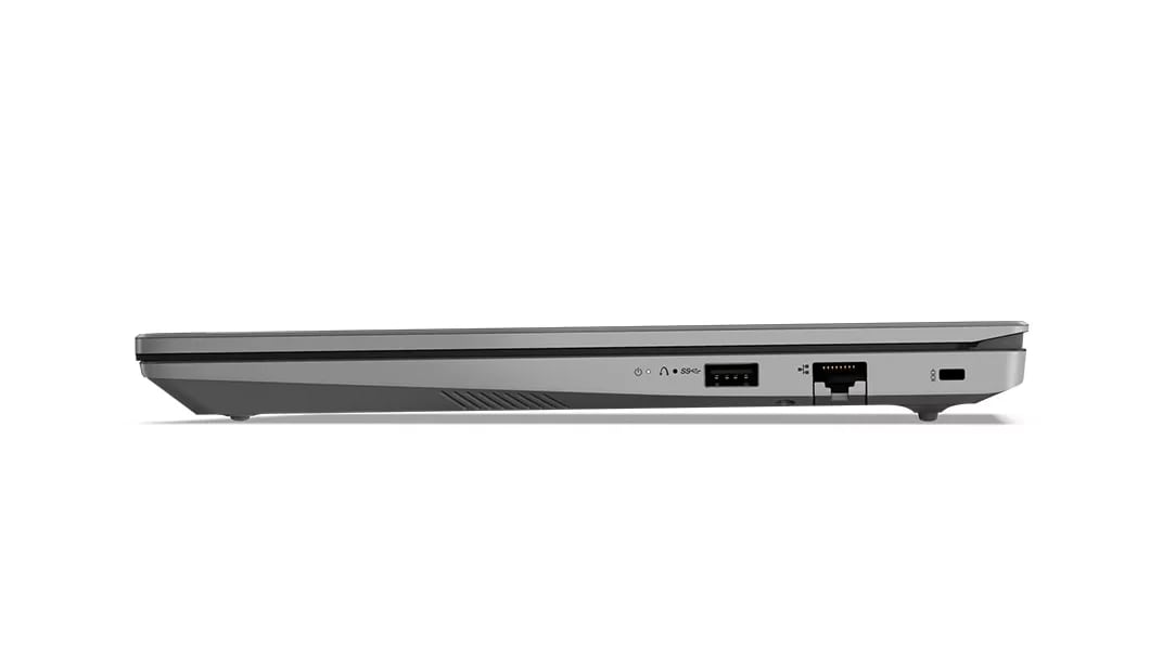 Right side ports on the Lenovo V14 Gen 4 laptop in Arctic Grey, closed cover.