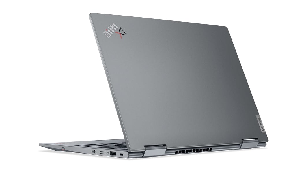 Rear view of the Lenovo ThinkPad X1 Yoga Gen 8 2-in-1 with cover open, showcasing the Storm Grey color.