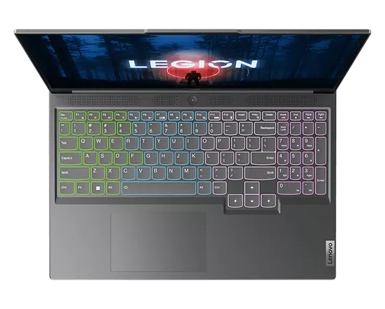 Lenovo Legion Slim 5 Gen 8 laptop in 180-degree mode with display on and RGB keyboard
