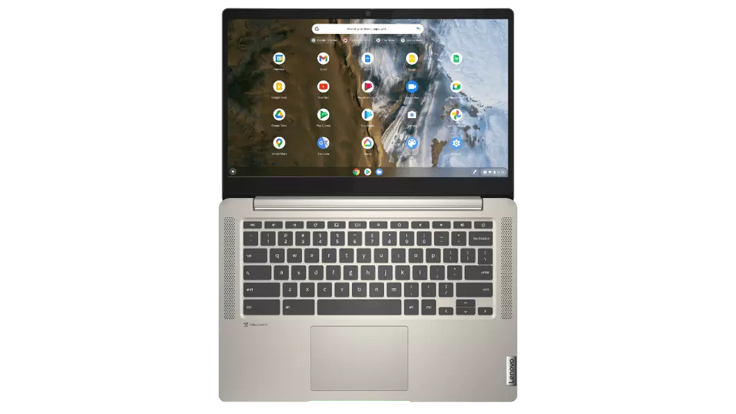 Vista frontal desde el ángulo derecho de un Chromebook IdeaPad 5i de 6.ª generación (14”, Intel) cerrado, que muestra la cubierta superior