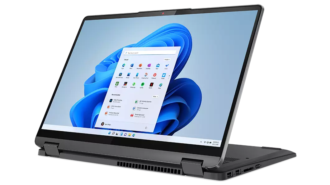 Angle view of the 14'' IdeaPad Flex 5i in presentation mode, with an OS panel against a swirling blue shape on the display
