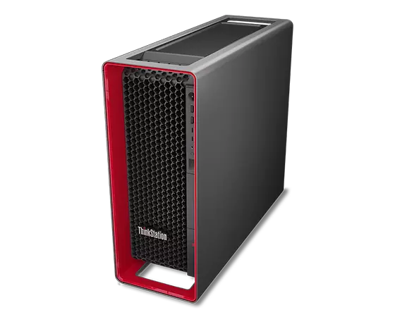 Aerial view of right-side facing Lenovo ThinkStation P7 workstation, showing iconic ThinkPad red casing, front ports, & top panel