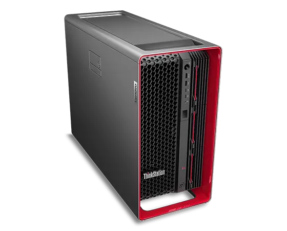 Aerial view of side-facing Lenovo ThinkStation PX workstation, showing iconic ThinkPad red components, front ports, & top & left-side panels