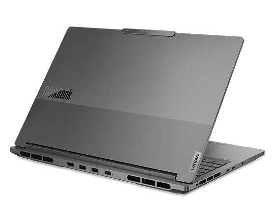Vue arrière du portable Lenovo ThinkBook 16p Gen 4 en gris tempête.