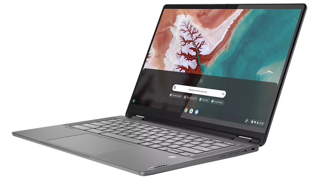 IdeaPad Flex 5i Chromebook Gen 7 (14'' Intel) – Dreiviertelansicht von rechts, Laptop-Modus, Deckel geöffnet