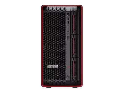 Forward-facing Lenovo ThinkStation PX workstation, showing iconic ThinkPad red casing & front ports