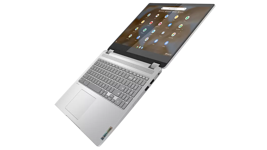Ideapad Flex 3i Chromebook i Arctic Grey vendt mot venstre, åpen 180 grader