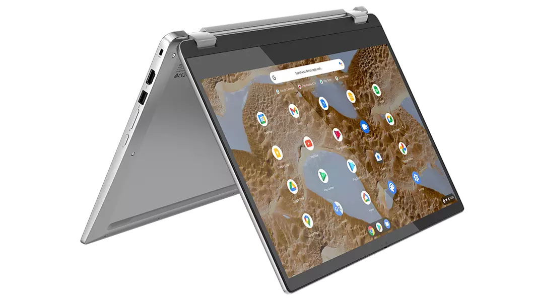 Arctic Grey -värinen IdeaPad Flex 3i Chromebook telttatilassa, käännettynä oikealle