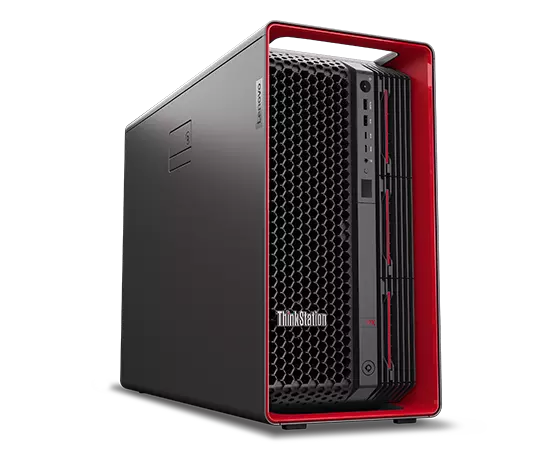 Zijwaarts gericht Lenovo ThinkStation PX-workstation, met iconische rode ThinkPad-componenten en poorten aan voorkant en rechterpaneel