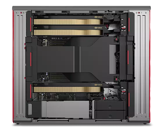 Side view of ThinkStation P57 workstation, with left-side panel removed, showing internal components