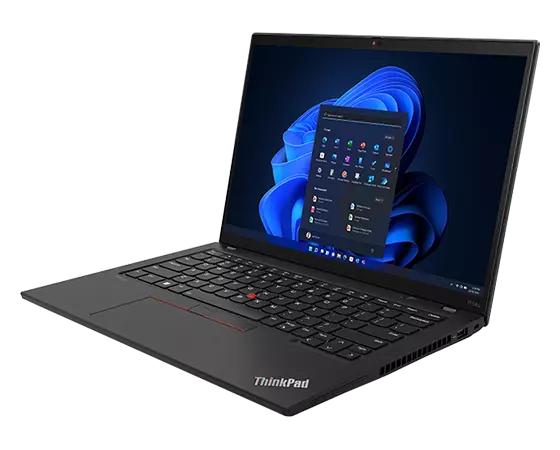 Workstation portátil ThinkPad P14s (4.ª geração) de 14" (35,56 cm, Intel): vista anterior a partir da direita, tampa aberta, com o menu Windows no ecrã