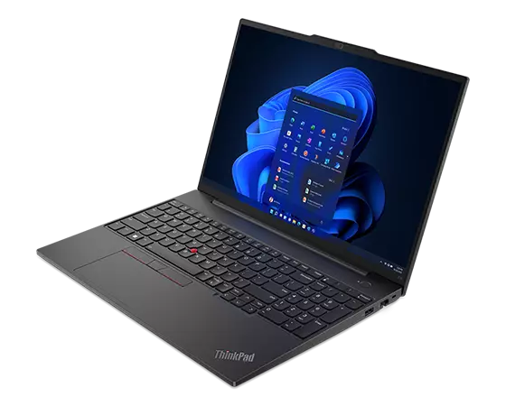 Lenovo ThinkPad E16 (16″ Intel) laptop – front view from the right, lid open, with Windows menu on the display