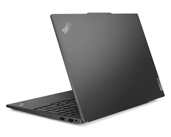 Lenovo ThinkPad E16 (16″ Intel) laptop – rear view from the right, lid partially open