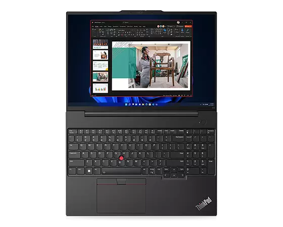 Lenovo ThinkPad E16-laptop (16″ Intel): plat liggend en helemaal geopend, met een diapresentatie op het scherm