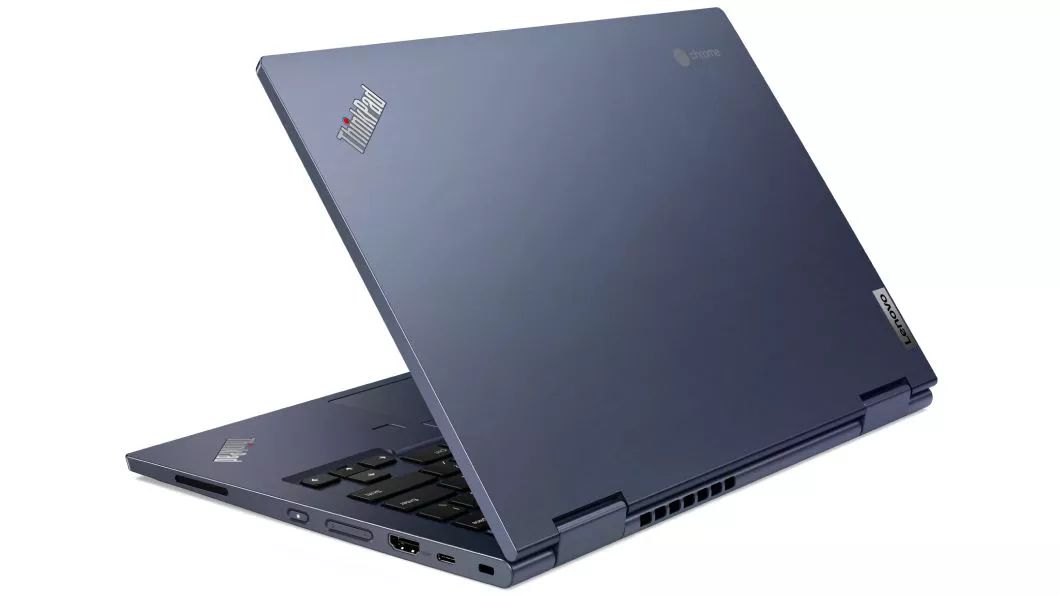 Ansicht des ThinkPad C13 Yoga Chromebook Notebooks von hinten links