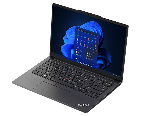 ThinkPad E14 Gen 5 (14″ Intel) laptop – front view from the right and above, lid open, with Windows 11 startup menu on the display