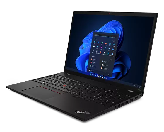 Vue latérale du portable Lenovo ThinkPad P16s Gen 2 (16 » Intel), ouvert, montrant l’affichage, l’écran Windows 11, le clavier et les ports du côté droit