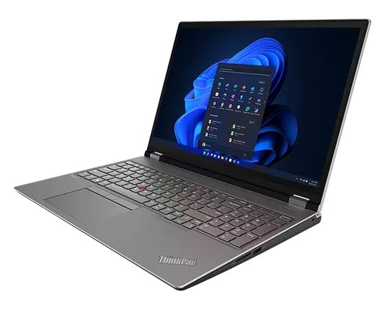 Side--facing Lenovo ThinkPad P16 Gen 2 (16″ Intel) laptop, opened, showing display, Windows 11 screen, keyboard & right-side ports