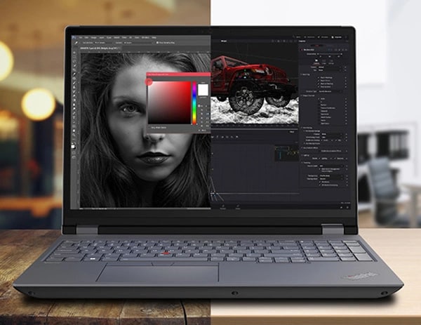 Close up of Lenovo ThinkPad P16 Gen 2 (16″ Intel) laptop, opened, with an image of a woman’s face next to an image of a car