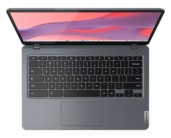 Vue du dessus d’un Chromebook IdeaPad Slim 3i Gen 8 (14 Intel), montrant le clavier et le pavé tactile