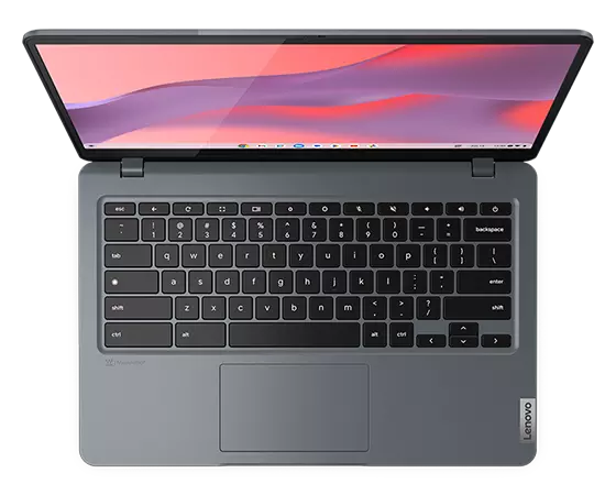 Draufsicht auf ein geöffnetes IdeaPad Slim 3i Chromebook Gen 8 (14 Intel) mit Blick auf Tastatur und Trackpad