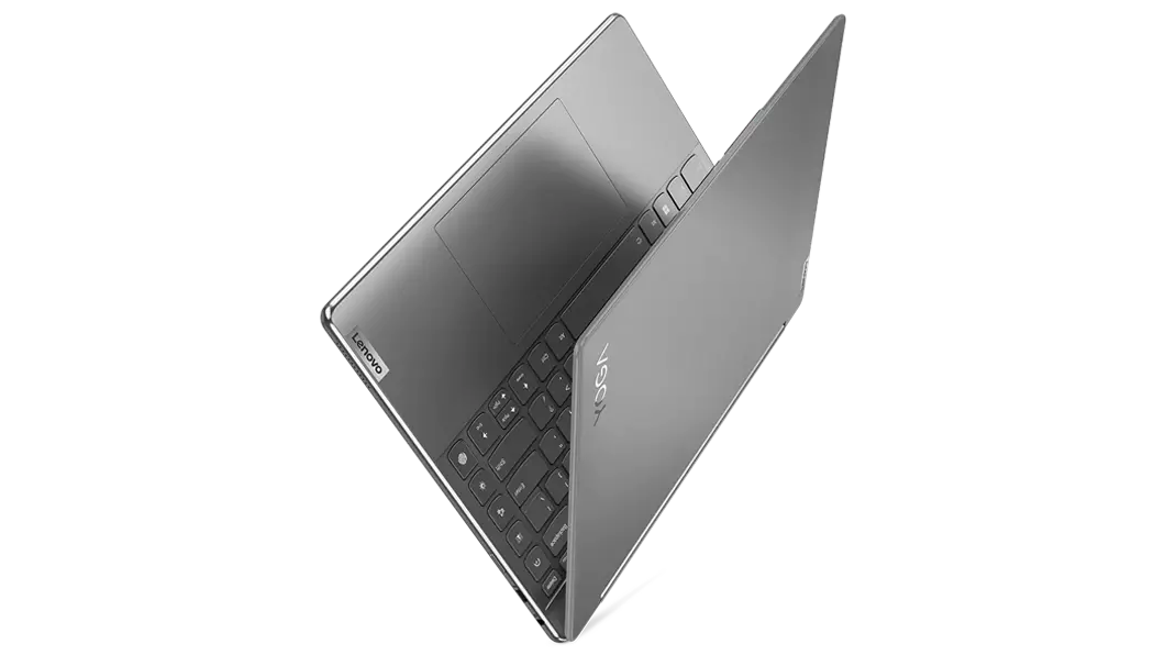 Yoga 9i Gen 7 en Storm Grey, en mode ordinateur portable, orienté vers le haut