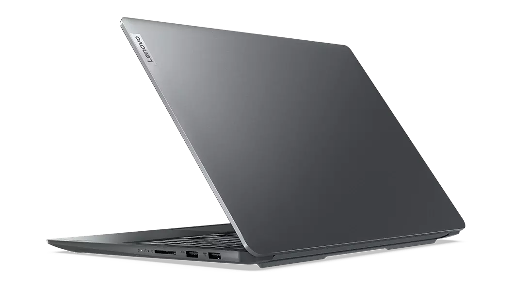 Vista traseira direita a ¾ do IdeaPad 5 Pro (6.ª geração) de 16" (40,64 cm, AMD) em Cinzento (Storm Grey), com a tampa parcialmente aberta